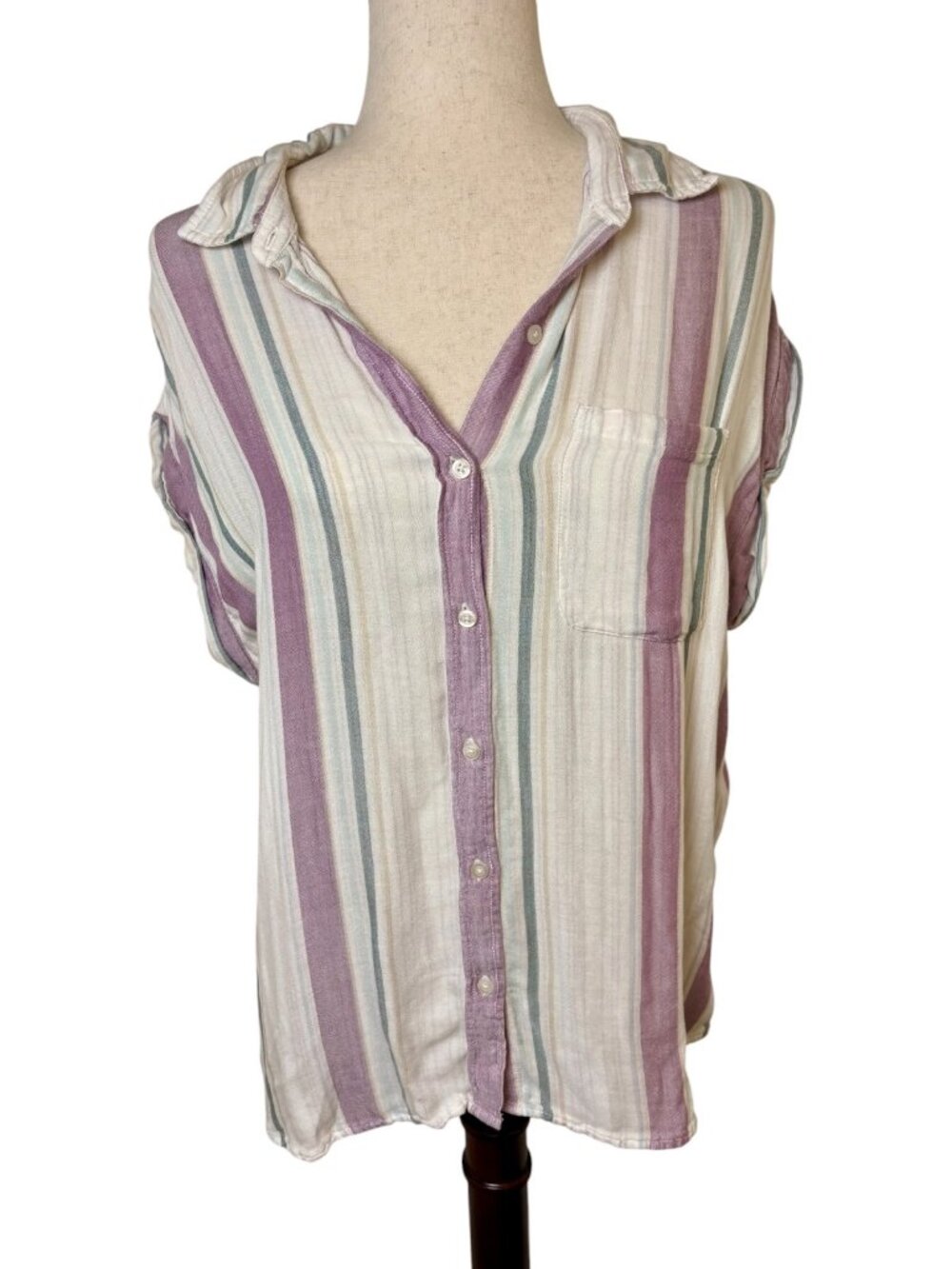 Cosmic Blue Love White Purple Striped Rayon Button-Up Blouse Medium